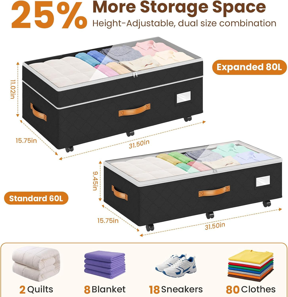 Budding Joy 80L 2 Pack Adjustable Under Bed Storage with Wheels