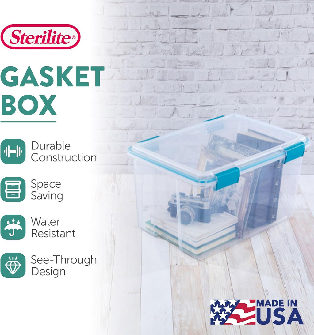 Sterilite 4-Pack 54 Quart Gasket Box, Home Storage Organizer Bins with Lids - Stackable Clear Plastic Containers for Bedroom, Bathroom, Garage, Basement, or Attic