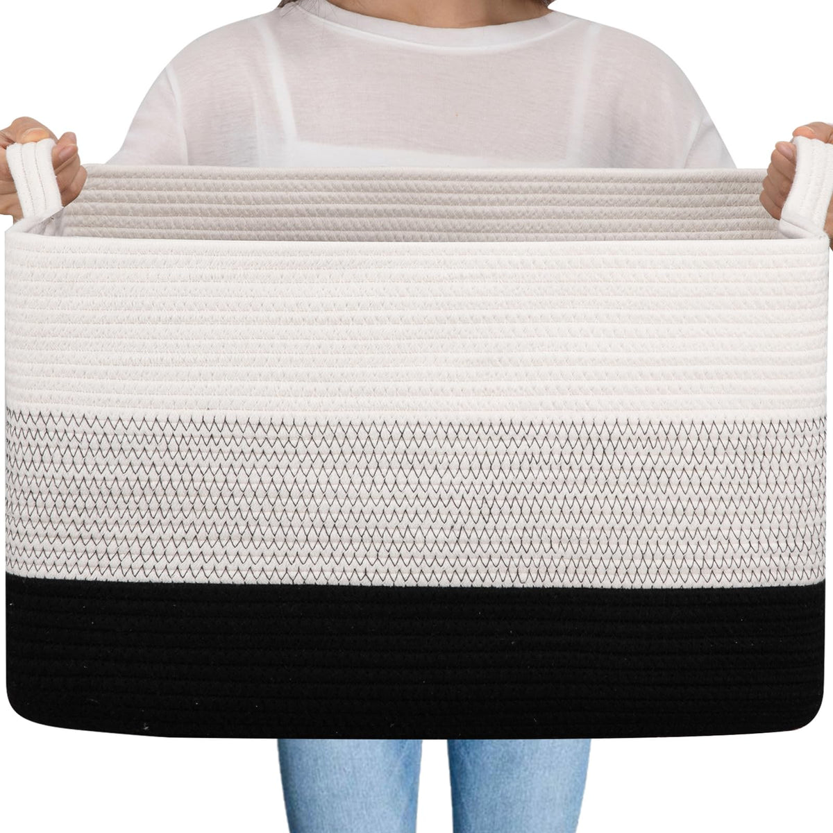 OIAHOMY Large Blanket Basket, 65L Cotton Rope Woven Laundry Basket, Toy Bin for Baby Room, Container for Blanket Storage in Living Room, 20''×16''×12'', Gradient Brown