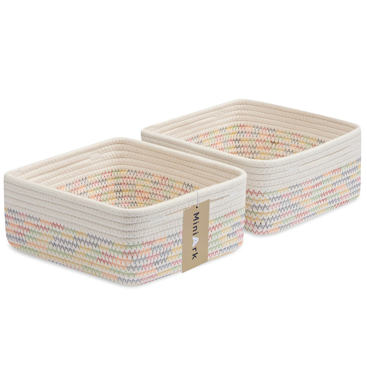MiniArk Small Square Shallow Baskets for Organizing, 9.7x9.7x4.3 Inch Rope Woven Storage Bins for Cubes Closet, Shelves Storage, Boho Decorative Basket, 2 Packs Black