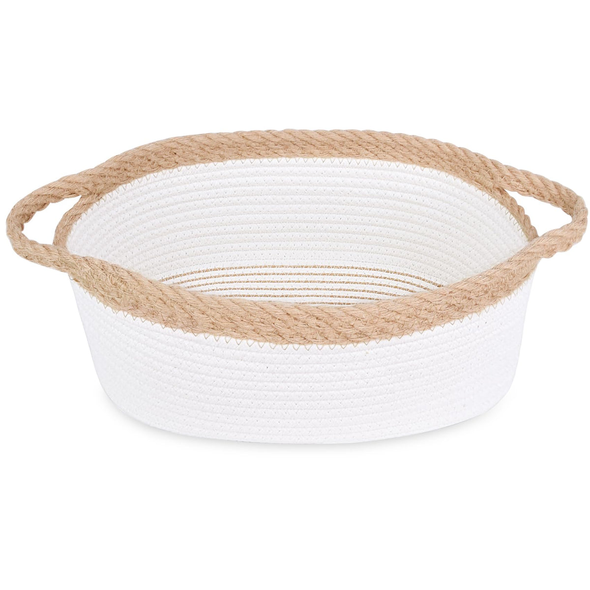 ABenkle Small Basket with Handles, Boho Decorative Rope Woven Dog Cat Toy Storage Bin Shelf Storage Organizer, Easter Christmas Gift Basket, 12"x8"x5", White
