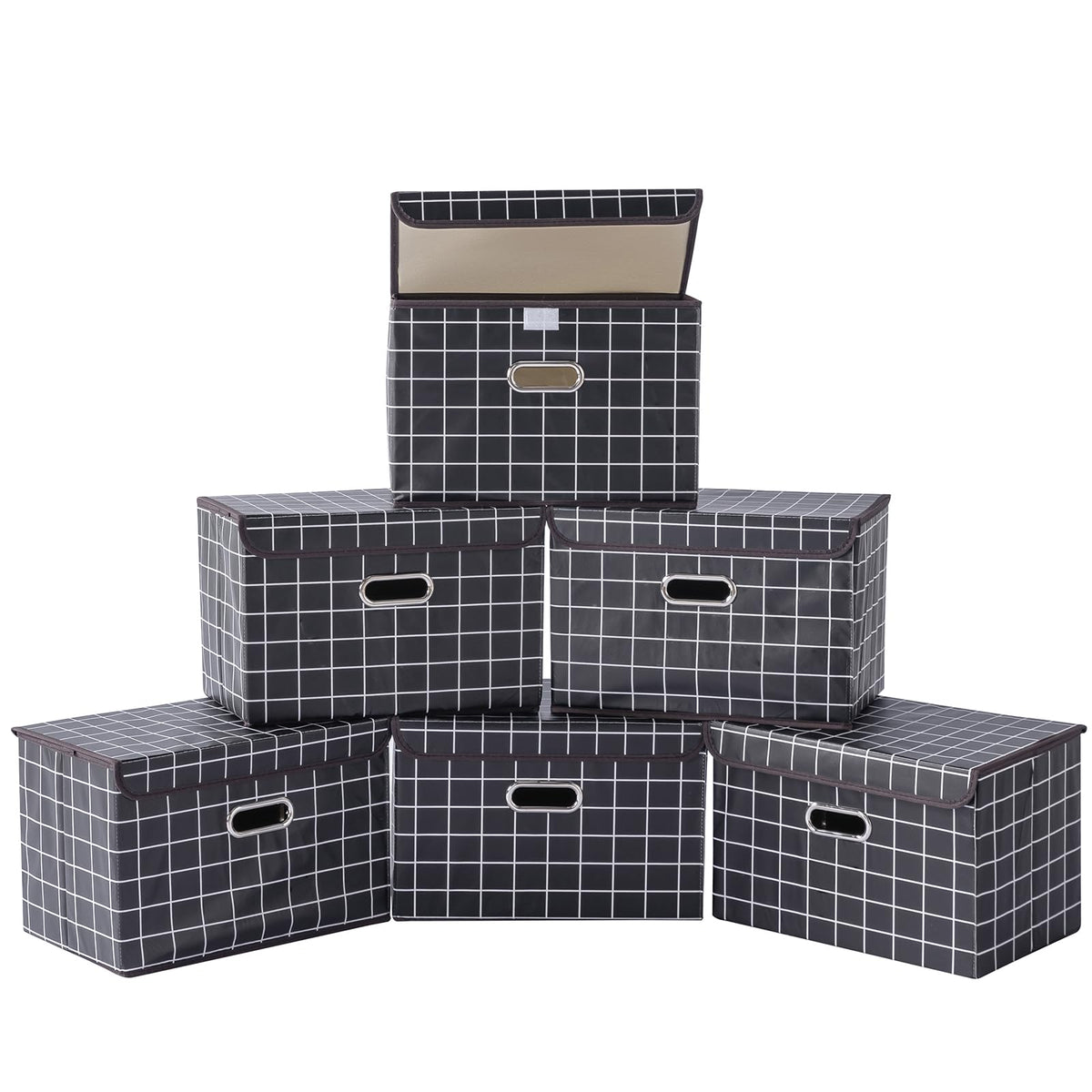 STOREONE Fabric Storage Cube Bins Foldable Organizer Container Collapsible Basket with Lids and Metal Handles, for Home, Bedroom, Closet 3 Pcs (Navy Blue)