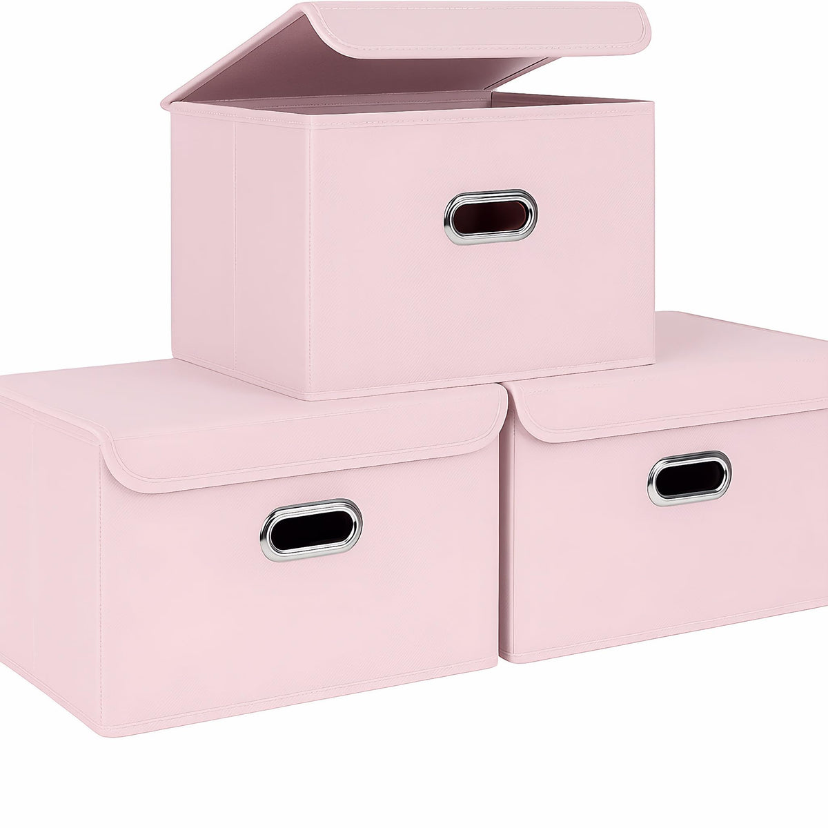 STOREONE Fabric Storage Cube Bins Foldable Organizer Container Collapsible Basket with Lids and Metal Handles, for Home, Bedroom, Closet 3 Pcs (Navy Blue)