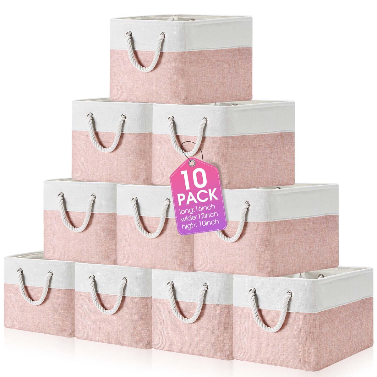 FoldTier 10 Pack Large Collapsible Fabric Storage Baskets with Handles Decorative Storage Bins for Organizing Shelves Toys Clothes(White & Beige,16 x 12 x 10 Inches)