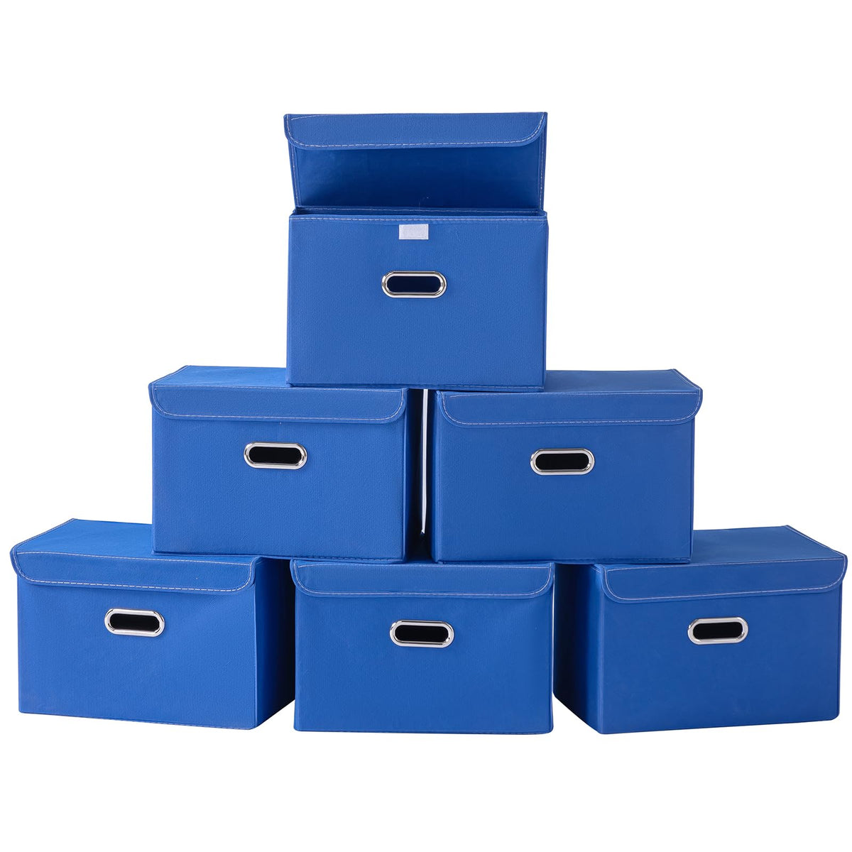 STOREONE Fabric Storage Cube Bins Foldable Organizer Container Collapsible Basket with Lids and Metal Handles, for Home, Bedroom, Closet 3 Pcs (Navy Blue)