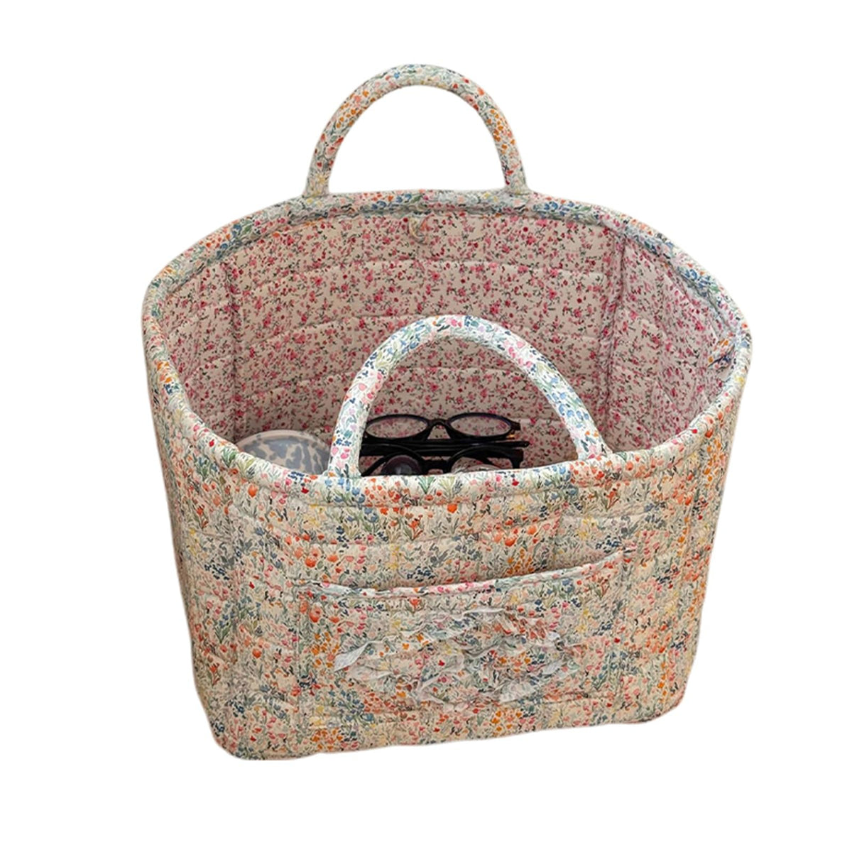 Boho Fabric Storage Basket Quilted Floral Print Baskets Organizer Bin with Handles for Home, Picnic, Shopping (Green, L)