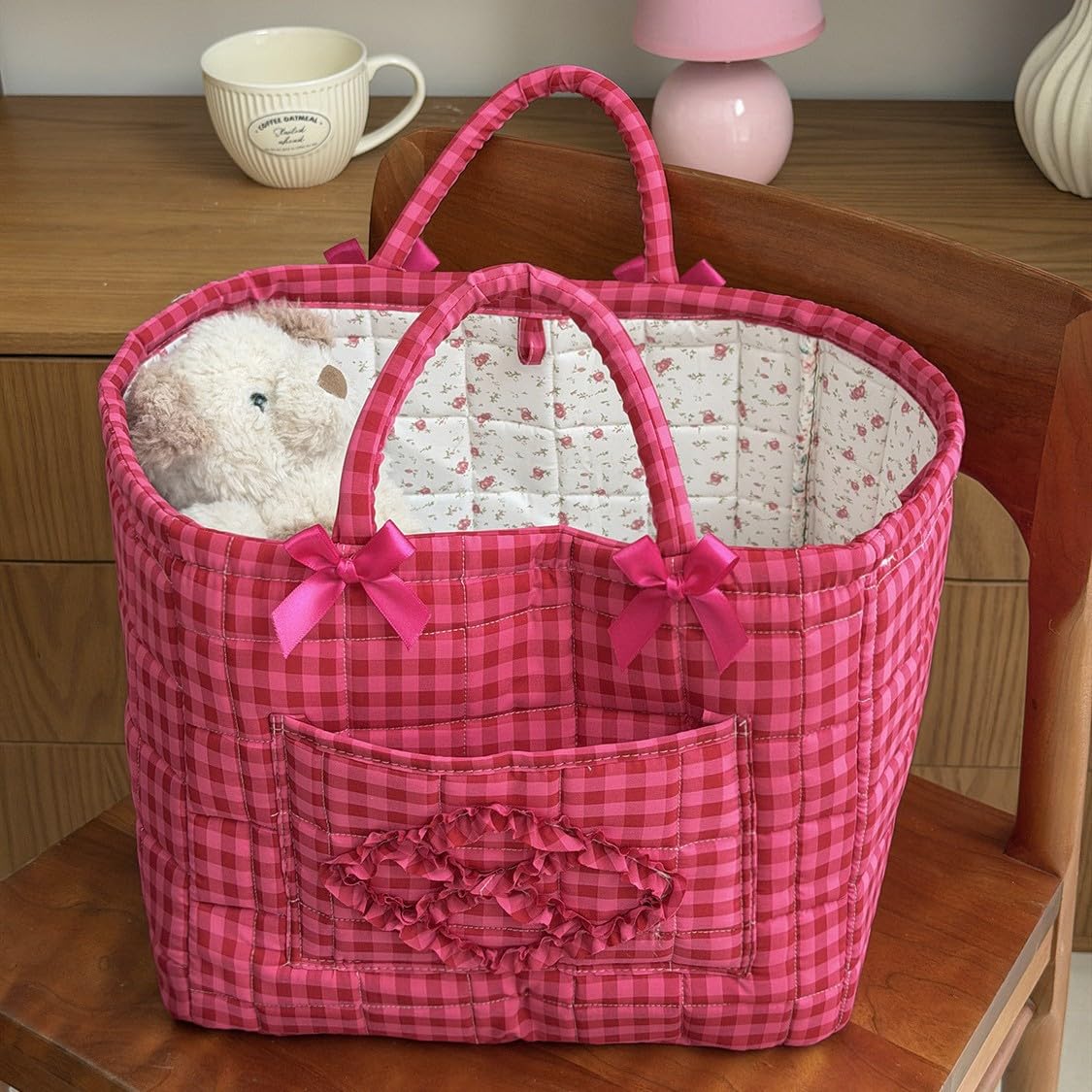 Foldable Laundry Basket Boho Bear Storage Basket Floral Quilted Fabric Car Storage Basket Handles Large Laundry Baskets for Clothes and Dolls