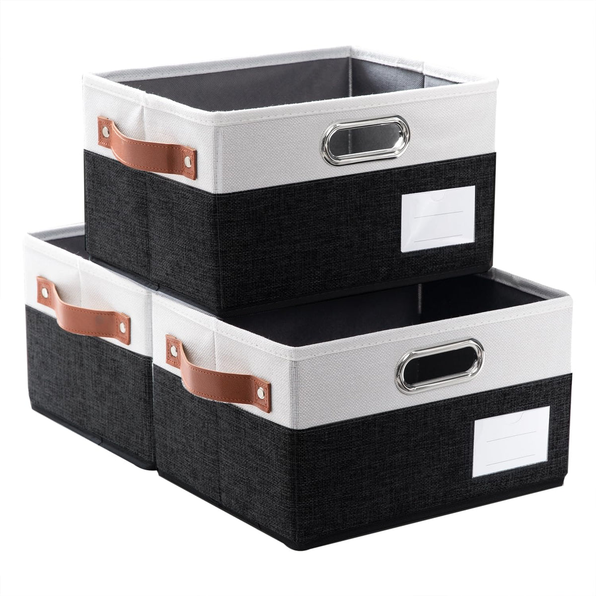 PRANDOM Large Foldable Storage Bins for Shelves [3-pack] Decorative Linen Fabric Storage Baskets Cubes with Leather/Metal Handles for Closet Nursery Office Grey and Black Trim (14.9x9.8x8.3 Inch)
