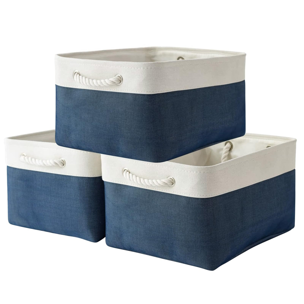 TheWarmHome Storage Basket for Organizing - Medium 3 Pack 14x10x7 inch Fabric Storage Cubes for Shelves with Rope, Collapsible Storage Bin for Organizer Closet Cloth Gift Toy (White & Jean Blue)