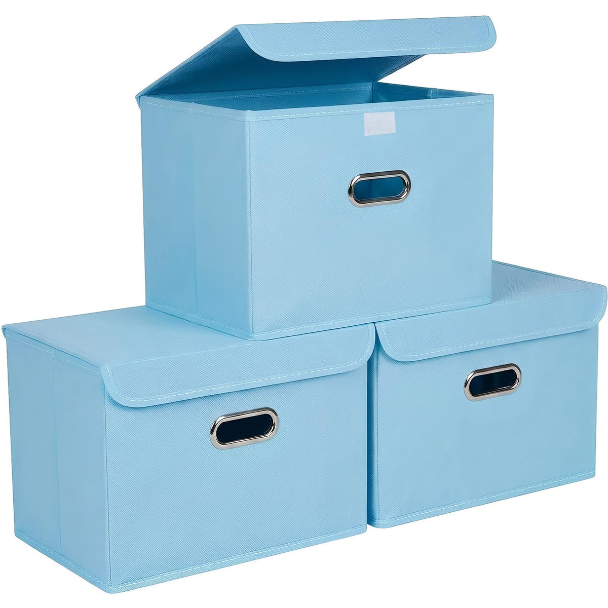 STOREONE Fabric Storage Cube Bins Foldable Organizer Container Collapsible Basket with Lids and Metal Handles, for Home, Bedroom, Closet 3 Pcs (Navy Blue)