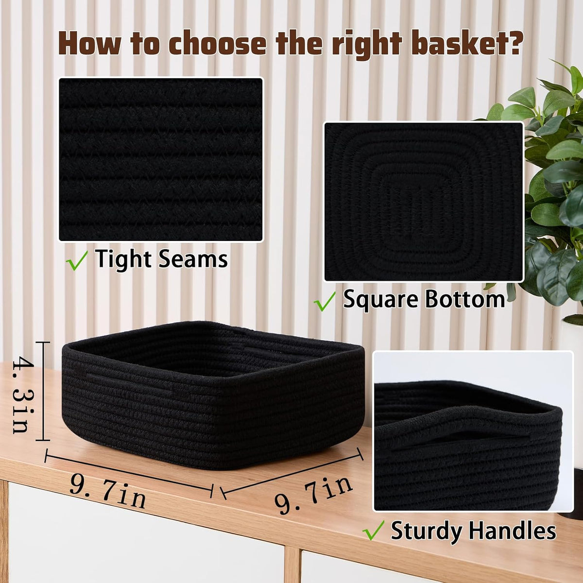 MiniArk Small Square Shallow Baskets for Organizing, 9.7x9.7x4.3 Inch Rope Woven Storage Bins for Cubes Closet, Shelves Storage, Boho Decorative Basket, 2 Packs Black