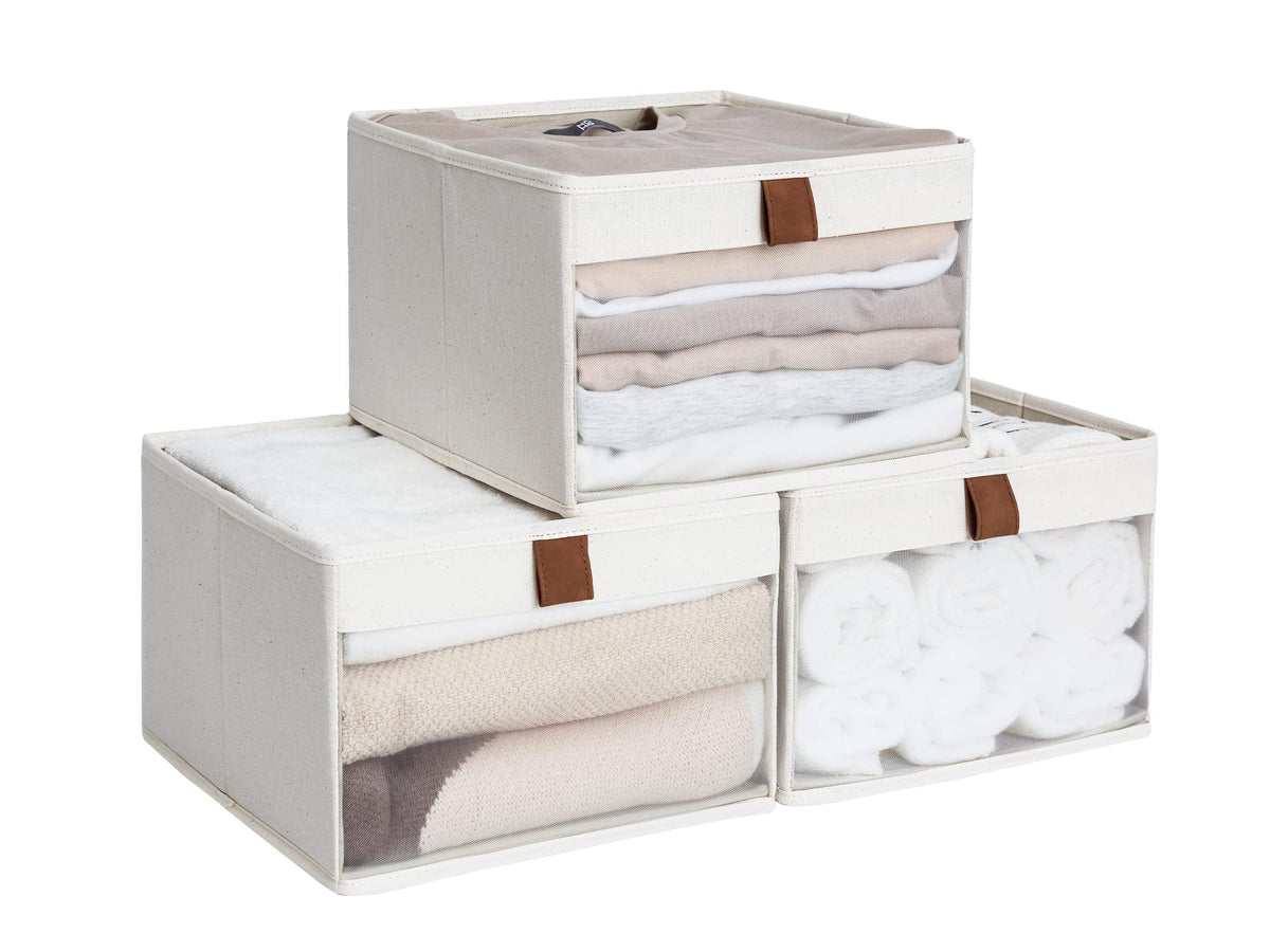 StorageWorks Fabric Storage Bins with Clear Window, Beige, 3-Pack