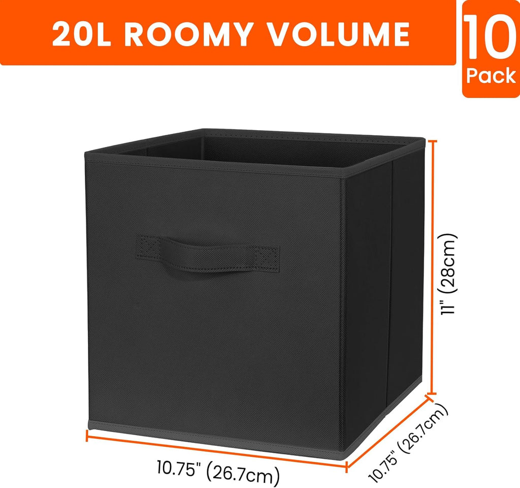 Criusia Storage Cubes, 11 Inch Clothes Storage Bins for Shelves Closet (10 Pack), Fabric Collapsible Storage Bins with Dual Handles, Cubby Storage Baskets for Magazines, Dorm Essentials (Black)