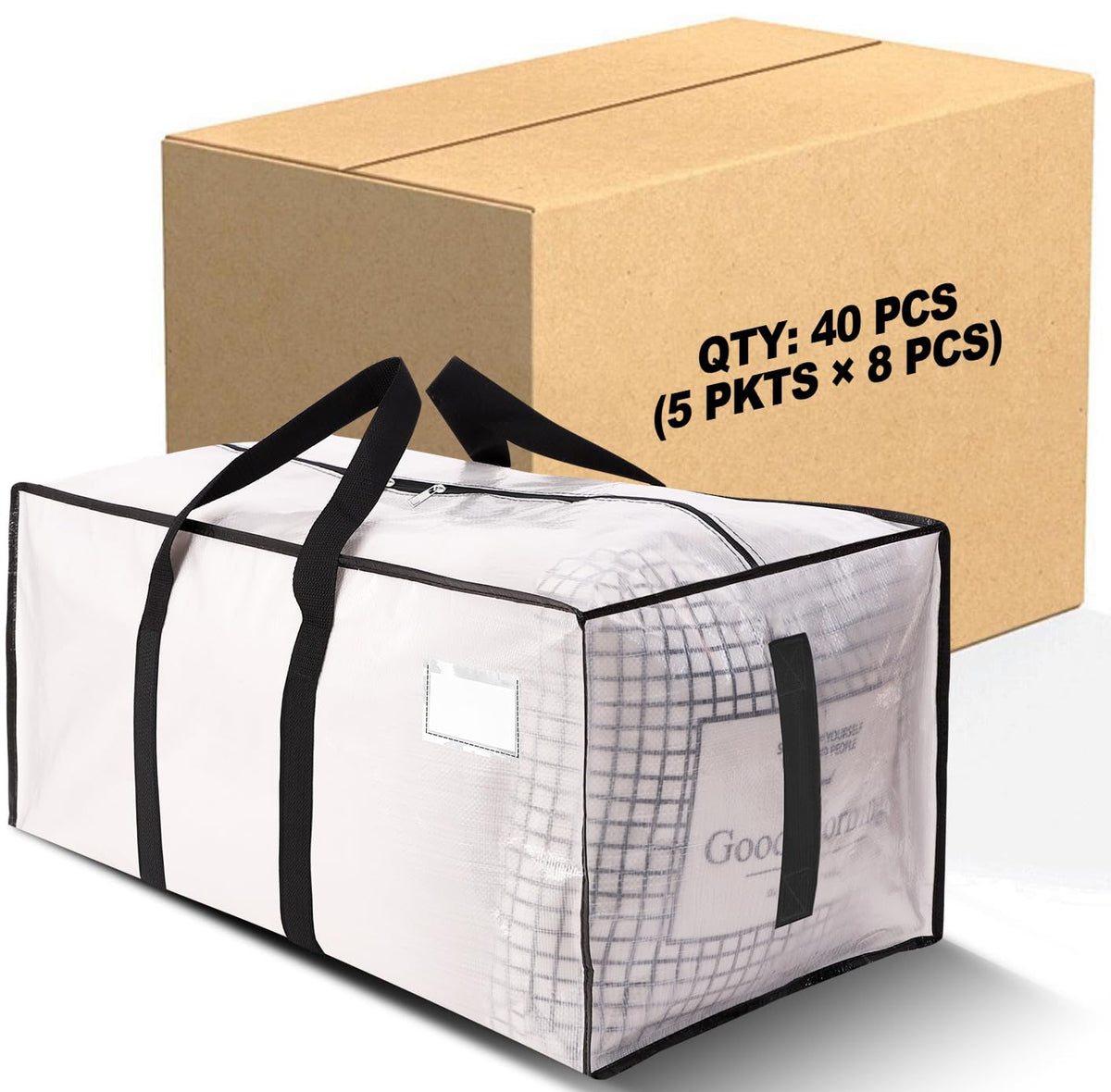 HOMESURE Supports 200lbs Heavy Duty Moving Bags - Strong Zipper & Wrap-Around Handles - Water-Resistant Storage Totes, Durable Alternative to Moving Boxes - 8 Pack - Semi-Transparent
