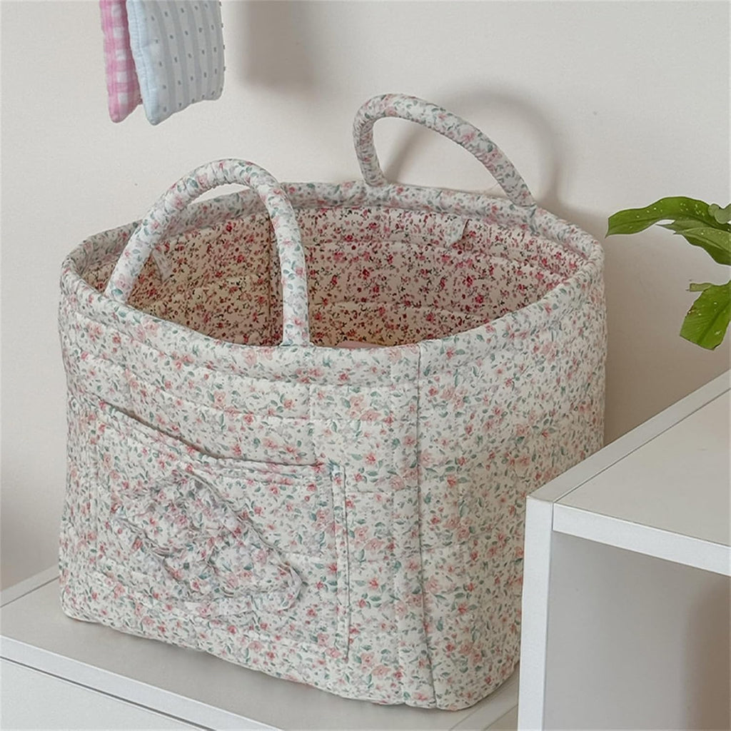 Boho Fabric Storage Basket Quilted Floral Print Baskets Organizer Bin with Handles for Home, Picnic, Shopping (Green, L)