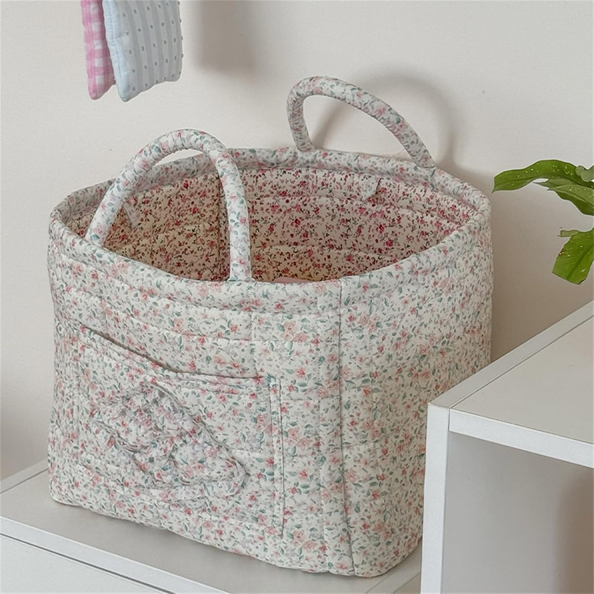 Boho Fabric Storage Basket Quilted Floral Print Baskets Organizer Bin with Handles for Home, Picnic, Shopping (Green, L)