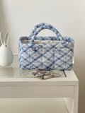 Small Storage Basket Organizer, Mini Fabric Floral Storage Baskets with Handle, Quilted Portable Collapsible Storage (Blue Floral)