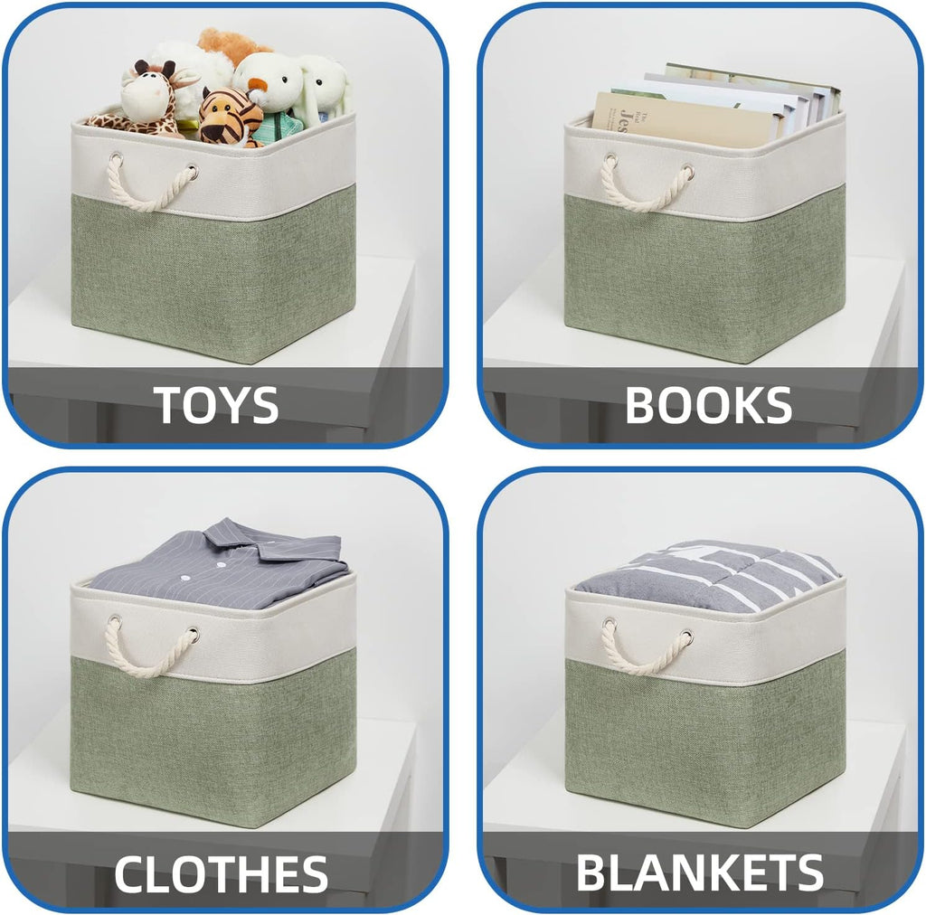 Temary Cube Storage Baskets for Shelves 12 Inch Storage Cubes 4pack Fabric Storage Baskets for Organizing Clothes, Closet Basket with Rope Handles for Home (White&Green)