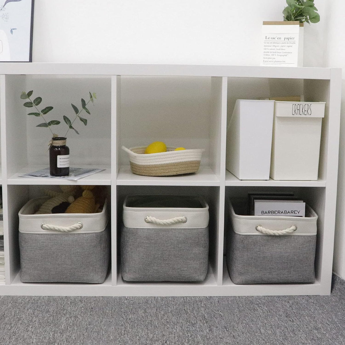 Bidtakay Baskets Set of 3 Storage Baskets for Organizing Large Fabric Storage Bins for Shelves Decorative Canvas Bins Collapsible Empty Baskets for Closet,Nursery,Clothes,Toys,Shoes(White&Grey)