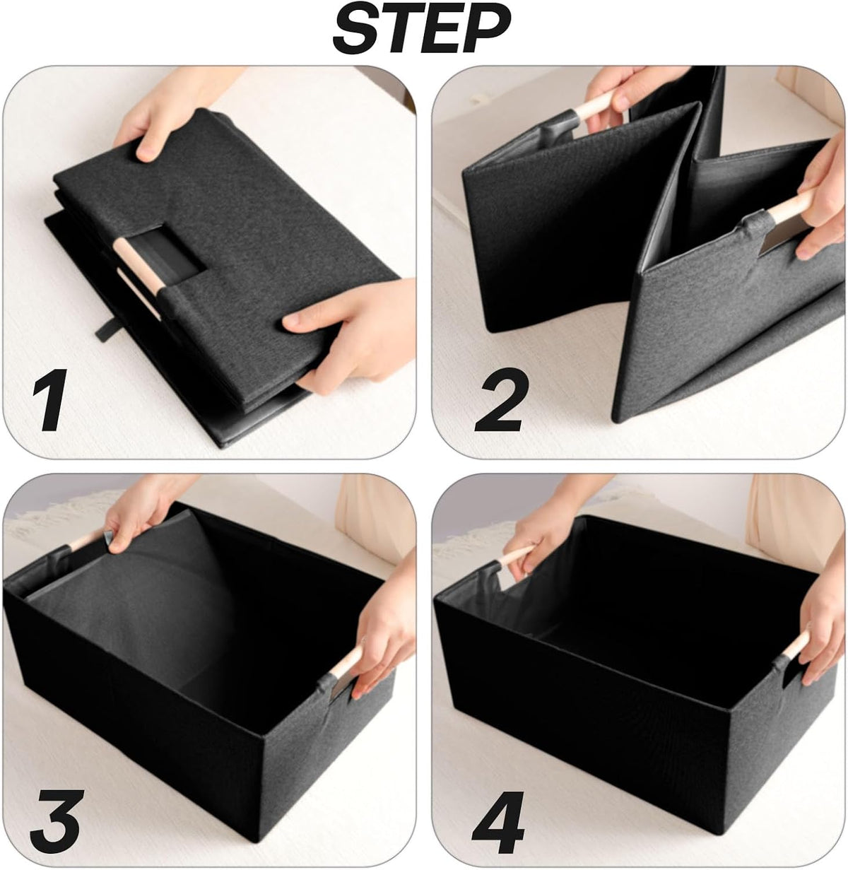 Fabric Storage Box, 15x11in Foldable Cotton Linen Basket with Wooden Handle