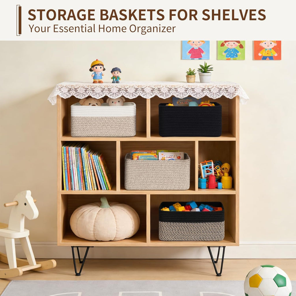 Goodpick 4 Pack Storage Baskets for Organizing Shelves, Light Brown & White