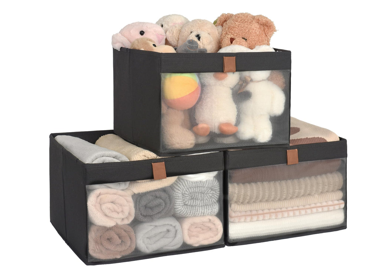 StorageWorks Fabric Storage Bins with Clear Window, Beige, 3-Pack