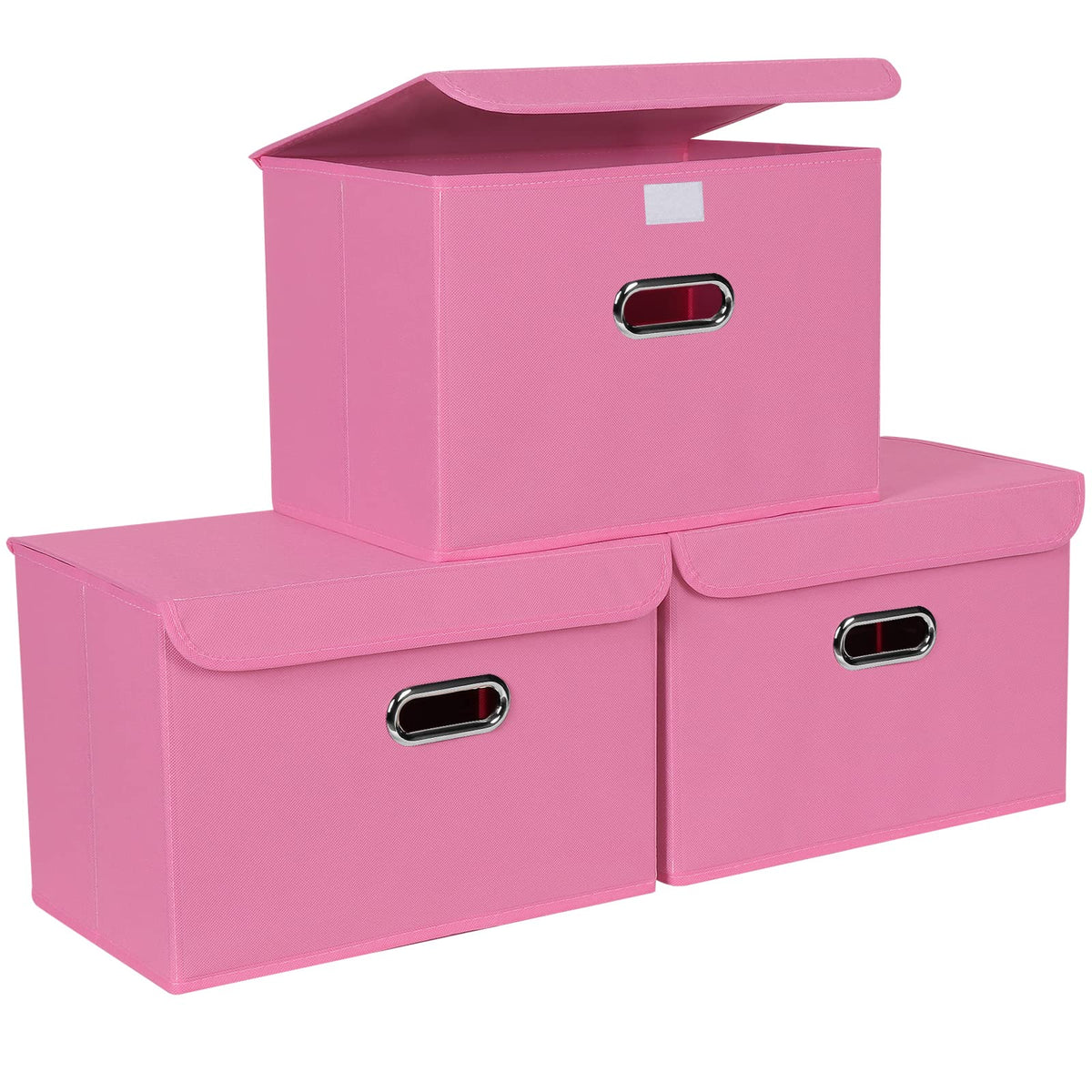 STOREONE Fabric Storage Cube Bins Foldable Organizer Container Collapsible Basket with Lids and Metal Handles, for Home, Bedroom, Closet 3 Pcs (Navy Blue)