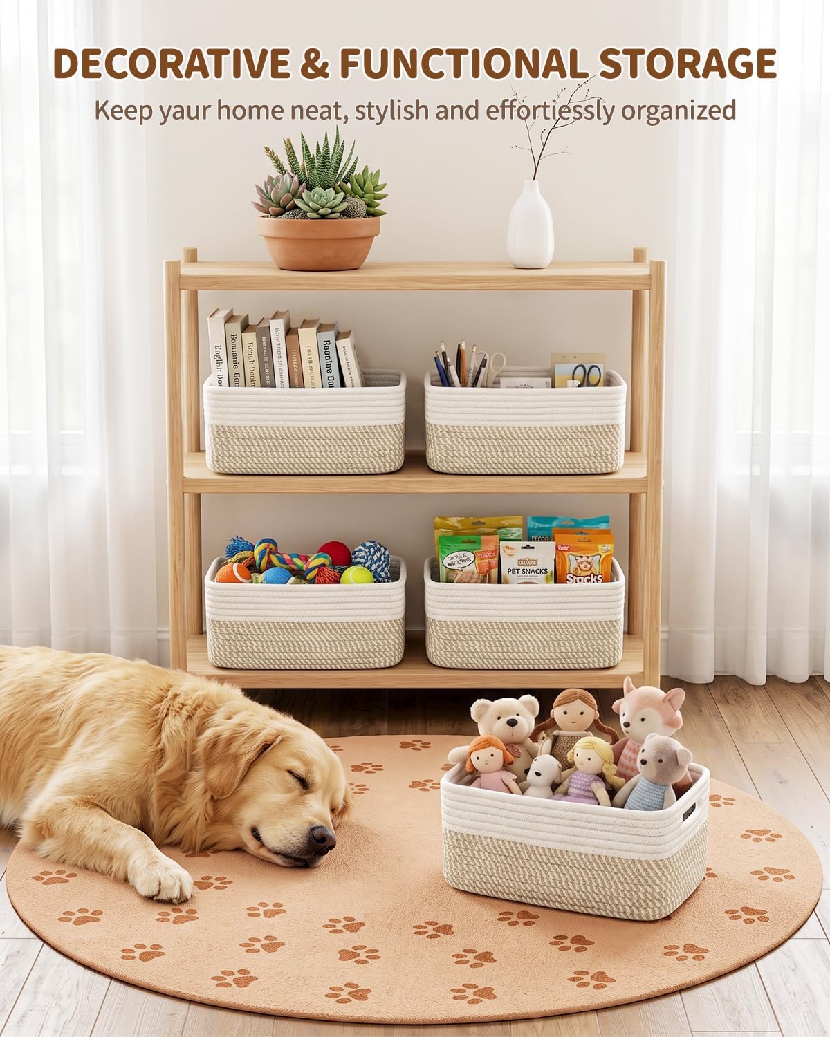 5 Small Woven Storage Basket for Organizing Shelves with Handles