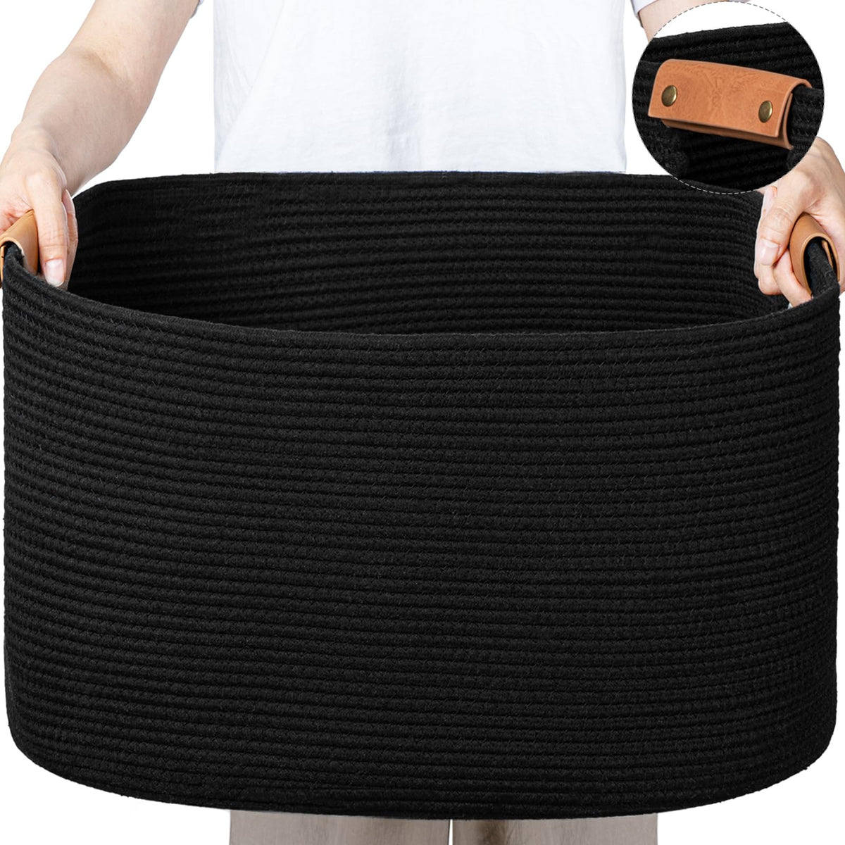 danpinera Blanket Basket, 72L Woven Storage basket with Leather Handle, Eco-friendly Decorative Storage Organization in Bathroom & Living Room for Towels 22 ''*17 ''*11.8 '', Gradient Brown