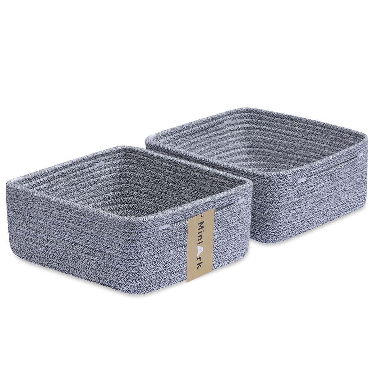 MiniArk Small Square Shallow Baskets for Organizing, 9.7x9.7x4.3 Inch Rope Woven Storage Bins for Cubes Closet, Shelves Storage, Boho Decorative Basket, 2 Packs Black
