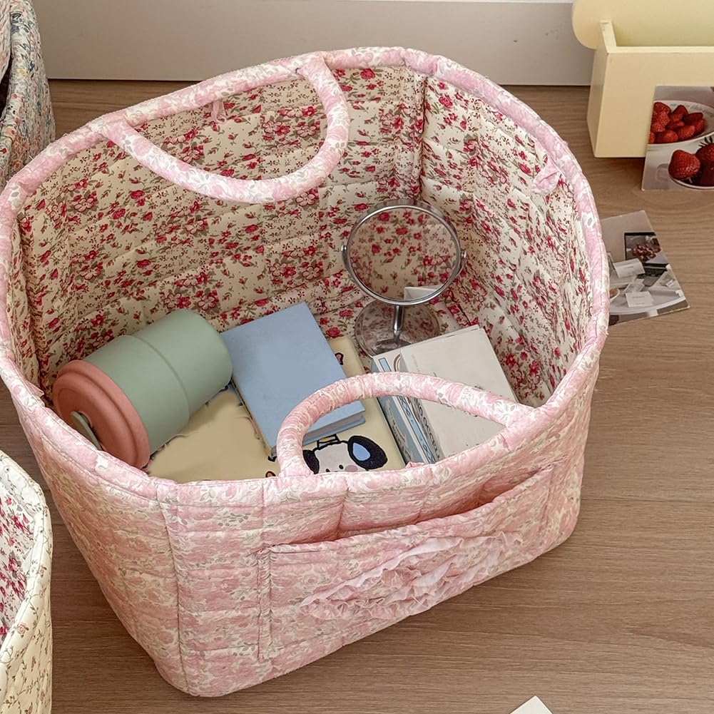 Foldable Laundry Basket Boho Bear Storage Basket Floral Quilted Fabric Car Storage Basket Handles Large Laundry Baskets for Clothes and Dolls