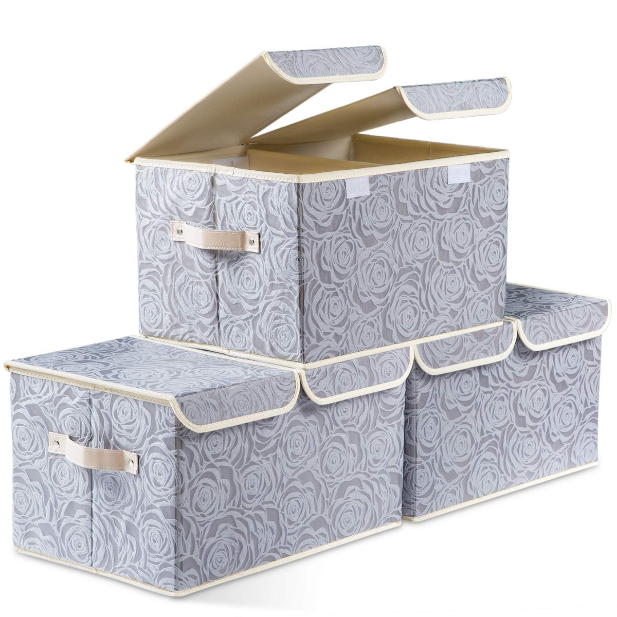 PRANDOM Larger Collapsible Storage Cubes with Lids Fabric Decorative Storage Bins Boxes Organizer Containers Baskets with Cover Handles for Bedroom Closet Living Room Blue 17.7x11.8x11.8 Inch 3 Pack