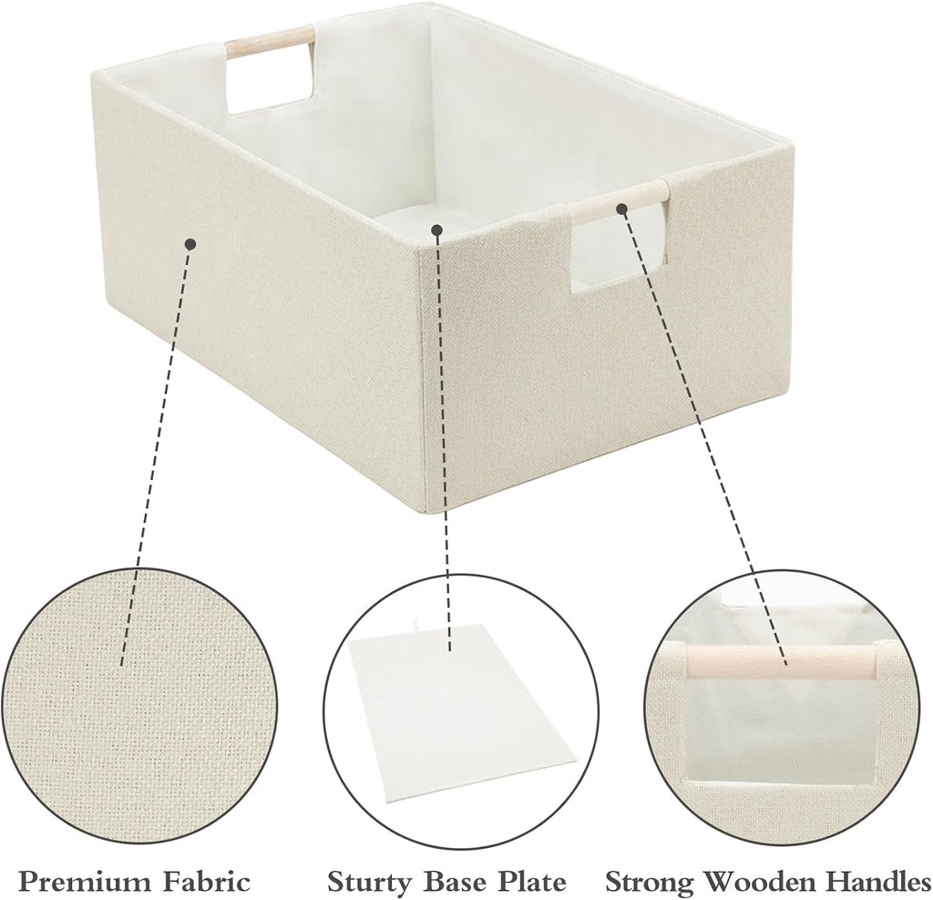 Foldable Fabric Storage Cubes, Cloth Storage Baskets with Wooden Handles, Shelf Closet Organizer Bins, Rectangular Linen Storage Boxes for Decor, 16.5 x 12.2 x 6.7 Inches