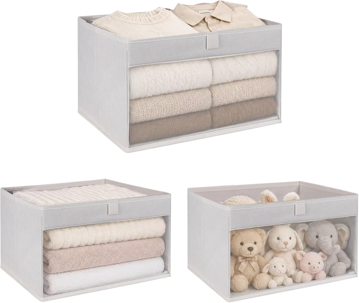 WUIKE Closet Storage Bins with Clear Window, Beige, Large, 3-Pack