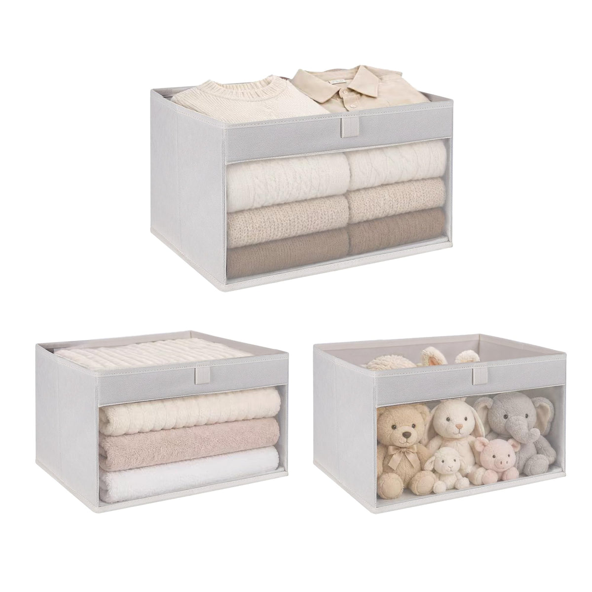 WUIKE Closet Storage Bins with Clear Window, Beige, Large, 3-Pack