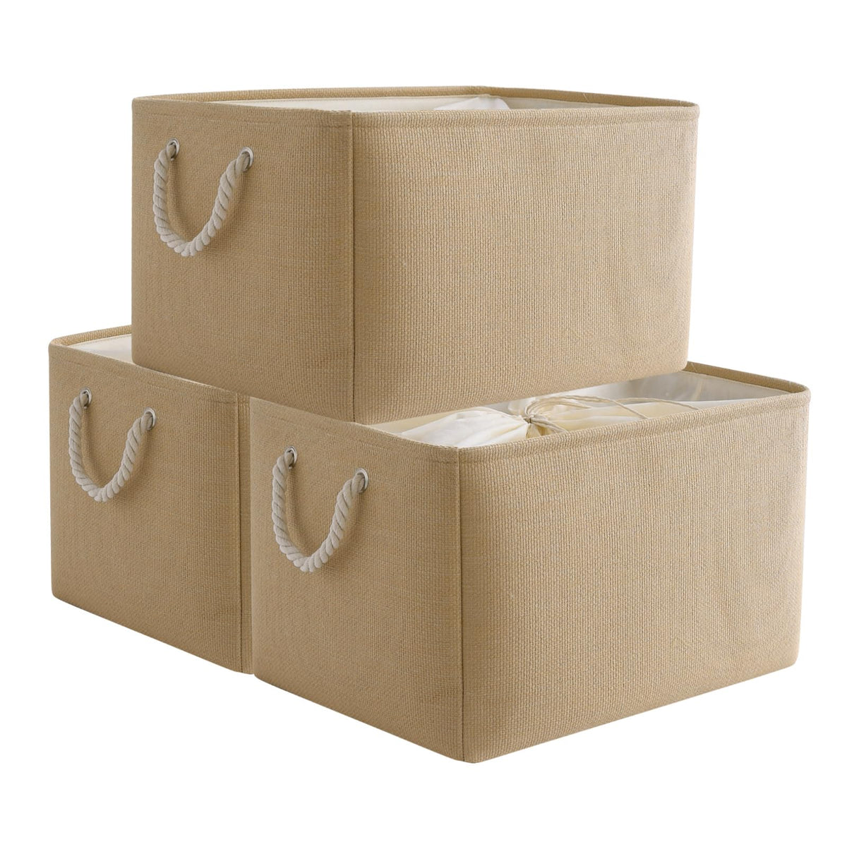 TheWarmHome Storage Basket for Organizing - Medium 3 Pack 14x10x7 inch Fabric Storage Cubes for Shelves with Rope, Collapsible Storage Bin for Organizer Closet Cloth Gift Toy (White & Jean Blue)