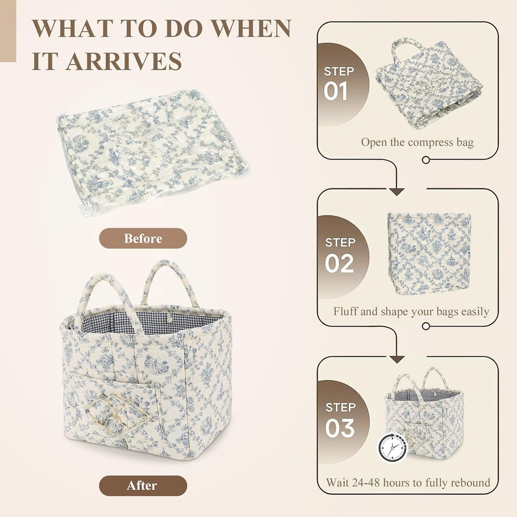 Storage Basket Boho Fabric Large Collapsible Floral Laundry Nursery Hamper Portable Folding Storage for Clothes Toys (Vine-Blue A)