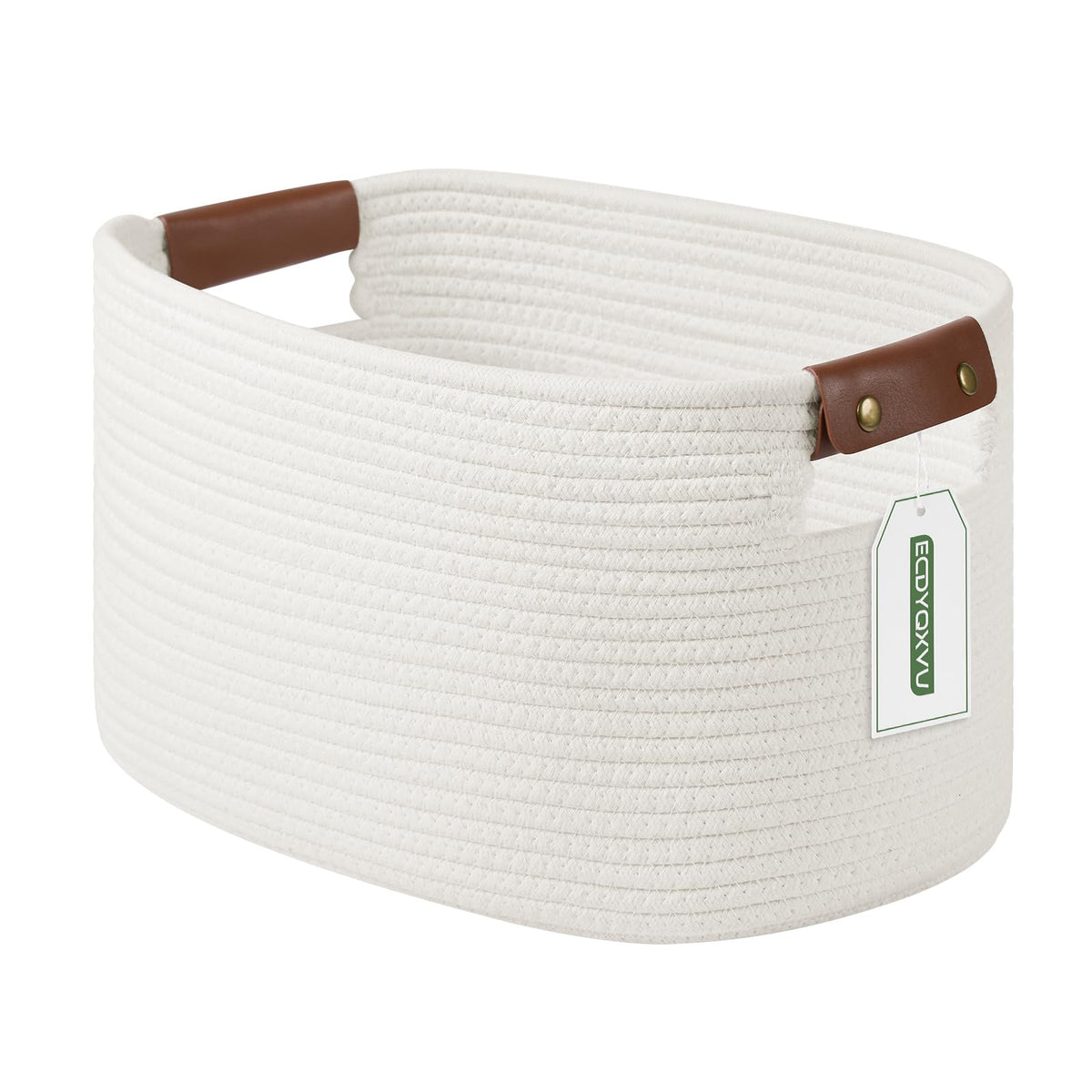 ECDYQXVU 15x10x9 Woven Cotton Rope Storage Basket, Leather Handles 1 Pack