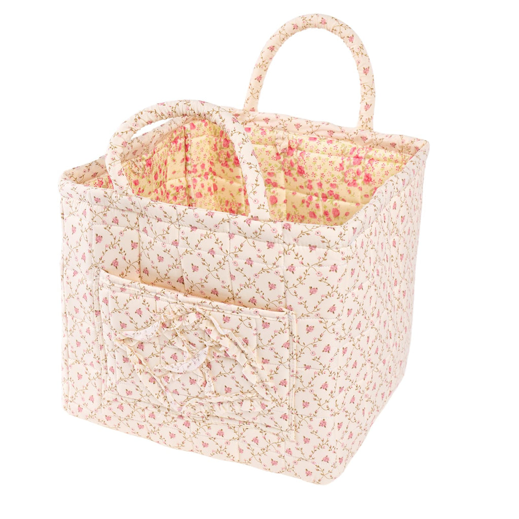 Quilted Fabric Car Storage Basket with Handles & Pocket, Foldable Laundry Hamper Boho Floral Print Organizer Bin for Home, Picnic, Office Nursery Cloth Toy 12"x10"x10" (Style E)