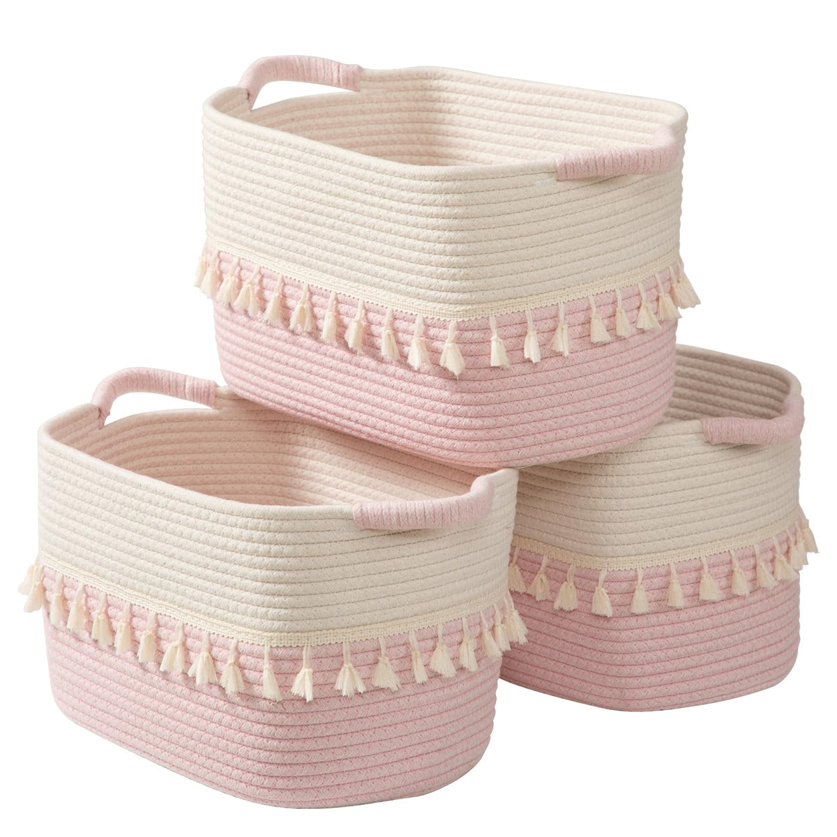 TeoKJ Woven Storage Bin Set of 3, Cotton Rope Basket for Storage, Clothes Boho Basket Bin for Organizing, Fabric Basket for Books, Plants, Pet Treats, White & Jute