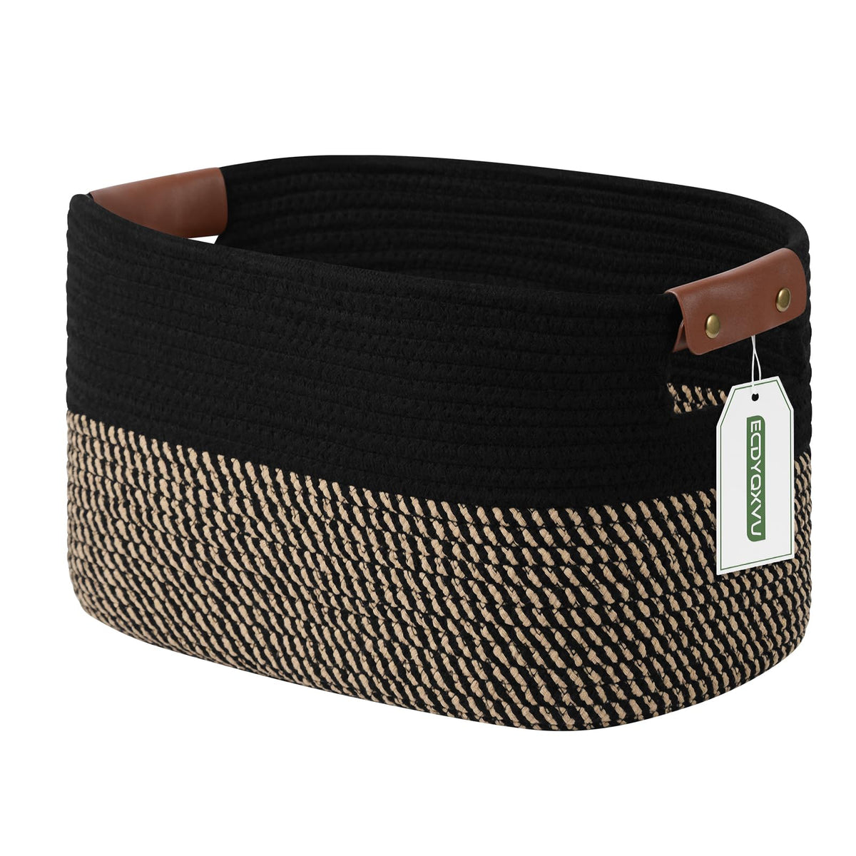 ECDYQXVU 15x10x9 Woven Cotton Rope Storage Basket, Leather Handles 1 Pack