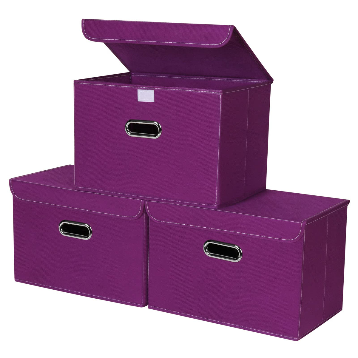STOREONE Fabric Storage Cube Bins Foldable Organizer Container Collapsible Basket with Lids and Metal Handles, for Home, Bedroom, Closet 3 Pcs (Navy Blue)
