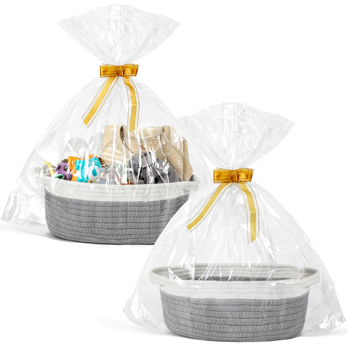 2 Pack Small Woven Basket with Gift Bags and Ribbons, Empty Decorative Gift Chest Box, Cute Baby Gift Basket for Nursery, Cotton Rope Room Shelf Storage Basket with Handles, All 12"x 8"x 5",White