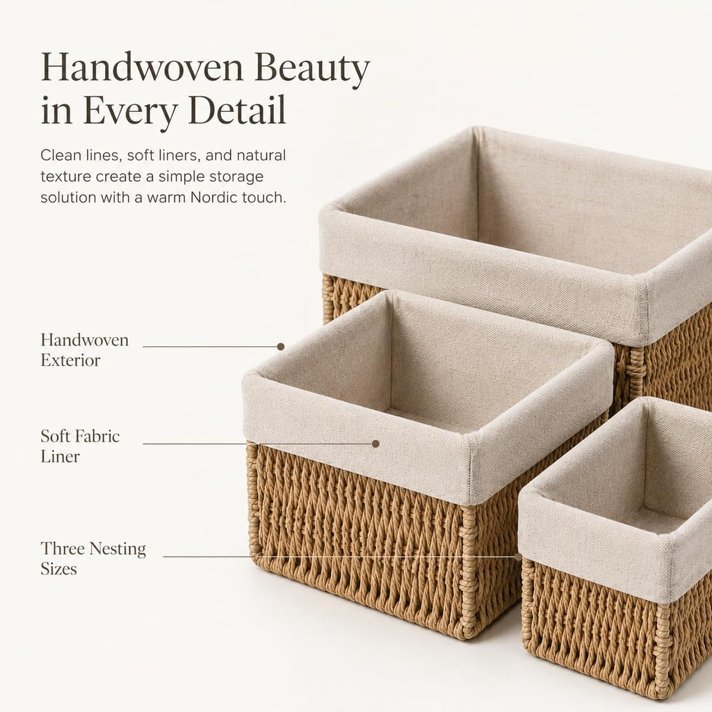 Wicker Storage Baskets Set of 3, Bathroom & Shelf Bins