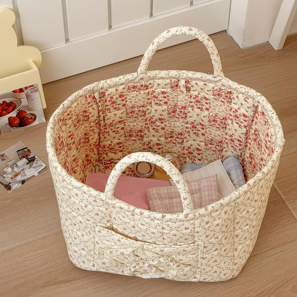 Foldable Laundry Basket Boho Bear Storage Basket Floral Quilted Fabric Car Storage Basket Handles Large Laundry Baskets for Clothes and Dolls