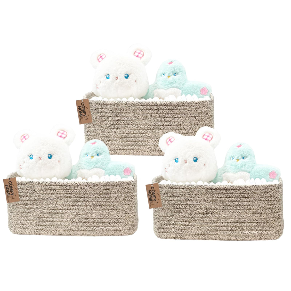 COMFY-HOMI 3PACK Cotton Rope Square Basket with Handles for Shelves|Dog Toy Bin and Storage|Baby Gift|Shoe Organizer|New 13.5" x 11" x 9.5" for Living Room (Black/Jute)