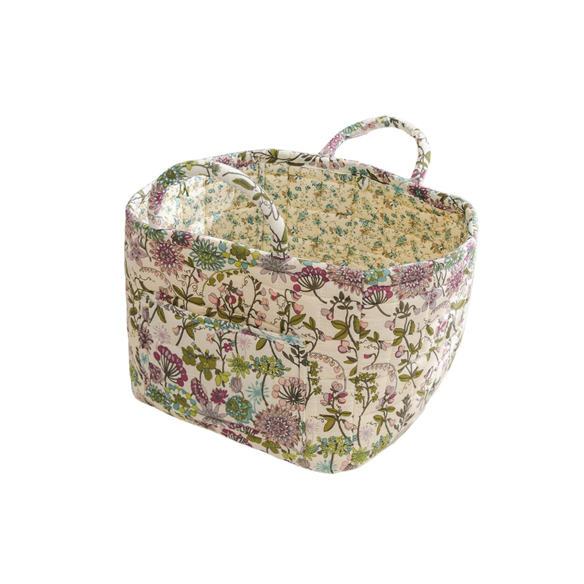 Quilted Fabric Storage Basket with Handles – Boho Foldable Floral Organizer Bin for Home, Picnic, Shopping, Travel 13"x11"x10" (Olive Floral)