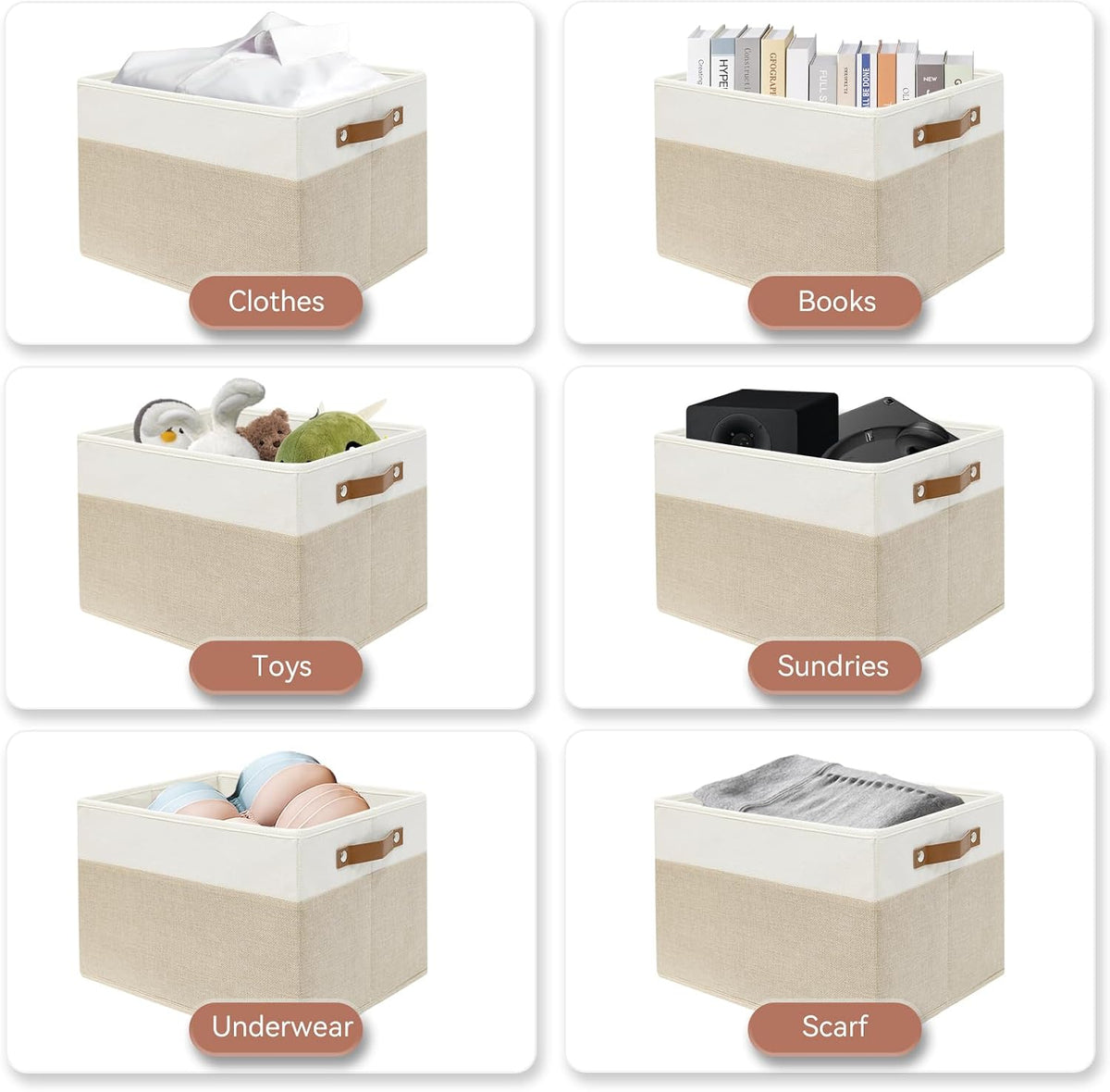 SNWDN 6 Pack Collapsible Fabric Storage Baskets with Handles (White/Beige 15''Lx10.2''Wx9''H)