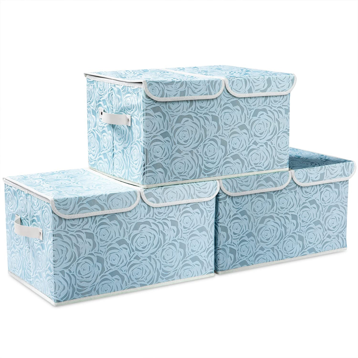 PRANDOM Larger Collapsible Storage Cubes with Lids Fabric Decorative Storage Bins Boxes Organizer Containers Baskets with Cover Handles for Bedroom Closet Living Room Blue 17.7x11.8x11.8 Inch 3 Pack