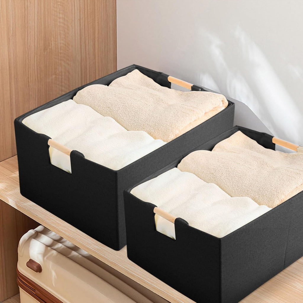 Fabric Storage Box, 15x11in Foldable Cotton Linen Basket with Wooden Handle